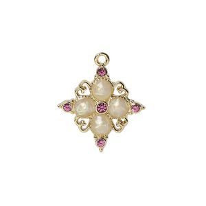 Drop, cubic zirconia / acrylic / gold-finished "pewter" (zinc-based alloy), pink and white opalescent, 19mm single-sided diamond. Sold individually.