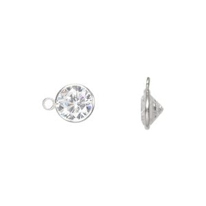 Drop, cubic zirconia and sterling silver, clear, 9mm faceted round. Sold per pkg of 2.