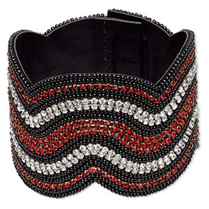 Bracelet, glass / glass rhinestone / leatherette / gold-finished brass, black / clear / red, 55mm wide with wavy design, 6 inches with magnetic clasp. Sold individually.