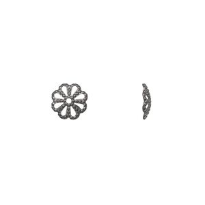 Bead cap, gunmetal-plated brass, stamped, 8x2mm fancy round with cutout pattern, fits 8-10mm bead. Sold per pkg of 100.