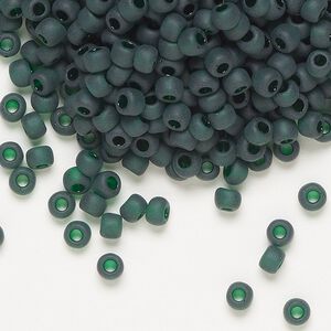 Seed bead, Dyna-Mites&trade;, glass, transparent matte dark green, #6 round. Sold per 40-gram pkg.
