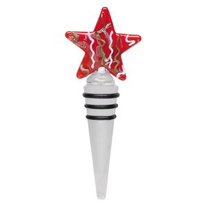 Wine bottle stopper, lampworked glass, frosted clear/red/white, 5x2 inch with star topper and three rubber rings. Sold individually.