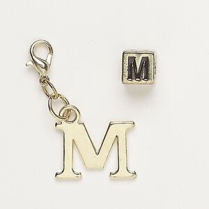 Bead and charm 1pkg2, antique gold-finished "pewter" (zinc alloy) / steel / enamel, black, 7mm cube with alphabet letter "M" and 17x12mm alphabet letter "M" with lobster claw clasp.