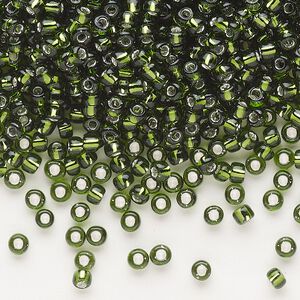 Seed bead, Dyna-Mites&trade;, glass, silver-lined translucent olive green, #8 round. Sold per 1/2 kilogram pkg.
