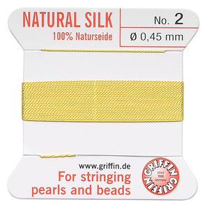 Thread, Griffin, silk, yellow, size #2. Sold per 2-meter card (approximately 78 inches).