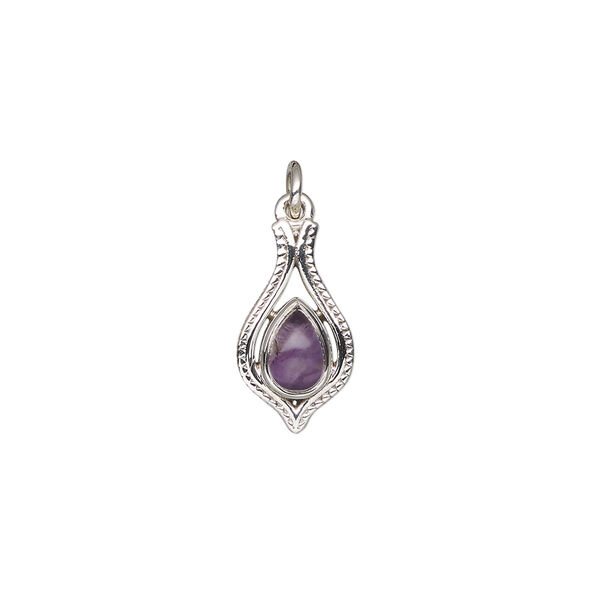 Drop 1pkg1, antiqued sterling silver and amethyst (natural), 15x9mm open beaded teardrop image number 1
