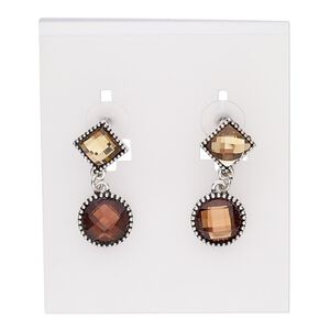 Earring, glass / stainless steel / antique silver-plated "pewter" (zinc-based alloy), topaz brown and brown, 35mm with diamond and round with post. Sold per pair.
