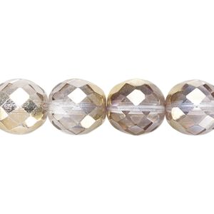 Bead, Czech fire-polished glass, pkg/15-1/2 to 16 inches, 12mm faceted round, opaque metallic clear and gold, (00030-10115).