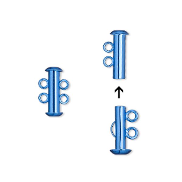 Clasp slide lock 1pkg2, 16.5x6mm tube, brass / electrocoated blue 2-strand image number 0
