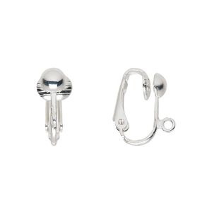Earring clip-on 1pkg10 silver-plated, 16mm hinged / 5mm half-ball / open loop, steel 5 pair