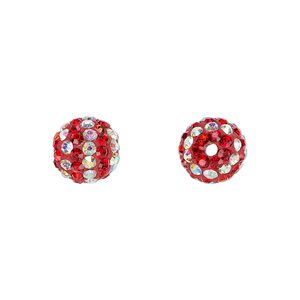 Bead, Egyptian glass rhinestone / epoxy / resin, red and clear AB, 10mm round with pav&eacute; striped design. Sold individually.