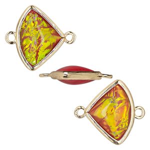 Link, Opalized Ice&trade;, "opal" (resin) and gold-finished brass, orange, 19x15mm double-sided fan. Sold per pkg of 4.