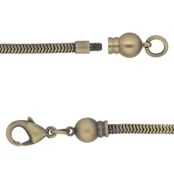 Chain 1pkg1 gold-plated snake, 2.6mm / lobster claw clasp / fits 3.5-6mm hole, Dione&reg; antique brass 8 inch image number 0
