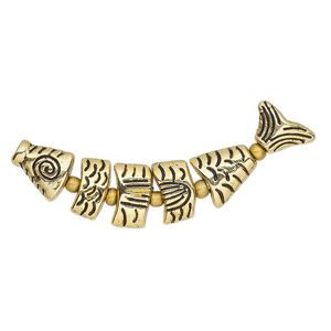 Bead 1pkg1 gold-plated "pewter", 43x9mm 2sided fish / 2mm round, glass / clear / antiqued