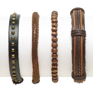 Bracelet mix, Everyday Jewelry, leather (dyed) / faux leather (dyed) / Japanese pagoda wood / waxed cotton cord / gold-finished "pewter" (zinc-based alloy), dark brown / brown / tan, 5-13mm wide, 7-8 inches. Sold per pkg of 4.