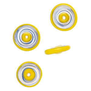 Bead, lampworked glass 1pkg4, clear / opaque yellow / blue, 18x6mm coin.