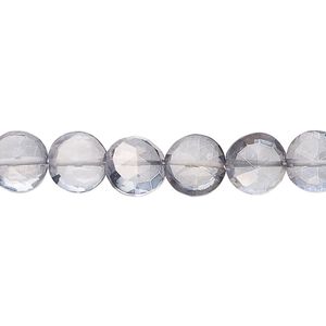 Quartz crystal 1pkg1, hand-cut faceted puffed flat round bead 7 inch 8-10mm