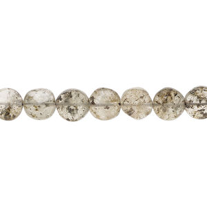 Black spotted quartz 1pkg1, hand-cut faceted puffed flat round bead natural, 13 inch 7-8mm