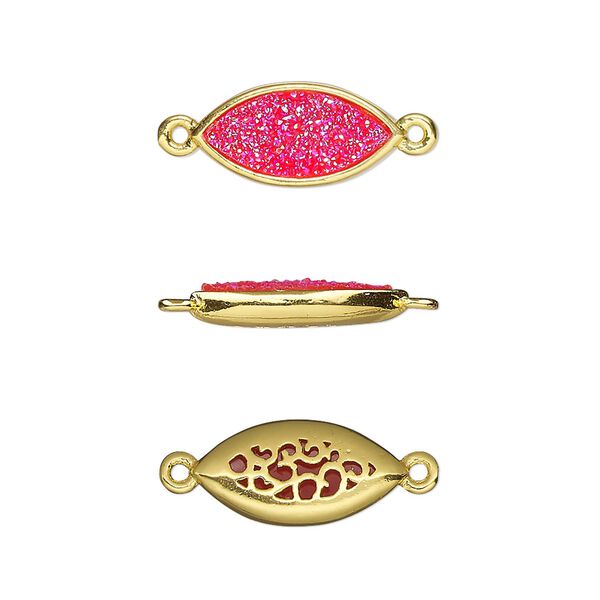 Link, Druzylite&trade;, "druzy" (resin) and gold-finished brass, hot pink, 16x8mm two-sided marquise with open filigree back. Sold per pkg of 4. image number 0
