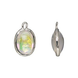 Drop, Opalized Ice&trade;, "opal" (resin) and imitation rhodium-finished brass, opaque white, 16x12mm double-sided oval .Sold per pkg of 4.