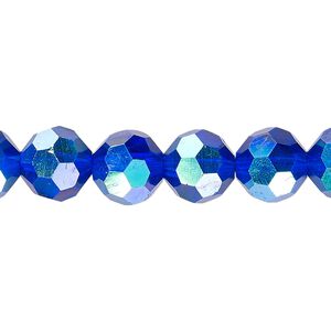 Bead 1pk 32 facets translucent cobalt blue AB, Celestial Crystal&reg; 10mm round 15.5-16 inch