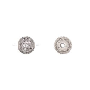 Bead 1pkg1 silver-finished, 8mm textured round, brass / clear cubic zirconia