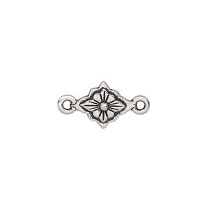 Link, TierraCast&reg;, antique silver-plated pewter, 12x10mm double-sided scalloped diamond with reina flower design. Sold per pkg of 2.