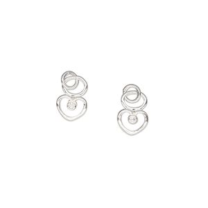 Charm, sterling silver and cubic zirconia, clear, 6.5x5mm single-sided open heart with 4mm closed round loop. Sold per pkg of 2.
