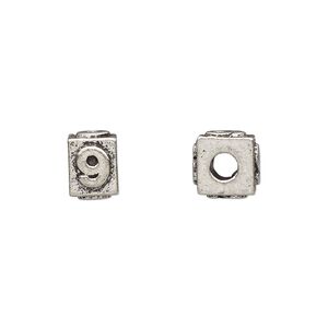 Bead 1pkg4 pewter, 8x6mm rectangle / number 9, antiqued Dione&reg;