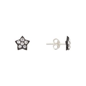 Earstud, Create Compliments&reg;, sterling silver and crystal, black and clear, 7mm star. Sold per pair.