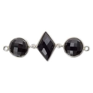 Link, black onyx (dyed) and sterling silver, 40x16mm single-sided with 11mm faceted round and 16x11mm faceted diamond. Sold individually.
