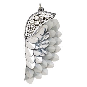 Focal, velveteen / acrylic / steel, clear, silver and white, 3x1-2/3-inch single-sided wing. Sold individually.