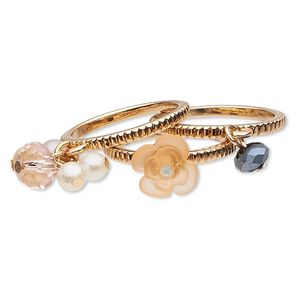Ring, glass / resin / acrylic pearl / gold-finished "pewter" (zinc-based alloy), multicolored, 2mm wide with 10x10mm flower / 6x4mm faceted rondelle / 13mm dangle, size 8. Sold per pkg of 3.