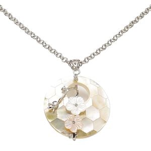 Necklace, resin / gold lip shell / freshwater pearl shell (dyed / assembled) / glass rhinestone / imitation rhodium-plated brass, pink and clear, 41mm round go-go with flowers, 18 inches with 3-inch extender chain and lobster claw clasp. Sold individually.