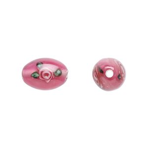 Bead, Czech lampworked glass, opaque pink and green, 12x8mm-13x9mm olive with flower design. Sold per pkg of 4.