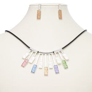 Necklace and earring set, leather (dyed) / enamel / imitation rhodium-plated steel / brass / "pewter" (zinc-based alloy), multicolored, geometric fan, 18-inch necklace with 2-inch extender chain and lobster claw clasp, 31.5mm earrings with post. Sold per set.
