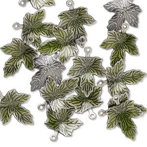 Charm, enamel and antique silver-plated brass, green, 13x12mm single-sided maple leaf. Sold per pkg of 100.