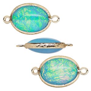 Link, Opalized Ice&trade;, "opal" (resin) and gold-finished brass, light blue, 20x15mm double-sided oval. Sold per pkg of 4.