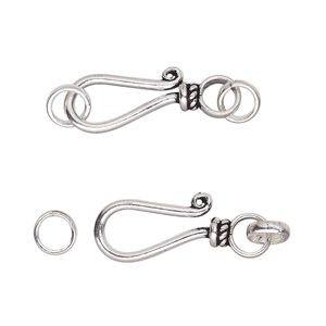 Clasp hook&eye 1pkg2 sterling silver, 16x8-18x9mm, antiqued 1-strand