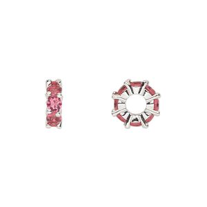 Bead 1pkg2 silver-plated, 10.5x3.5mm rondelle, brass / fuchsia cubic zirconia