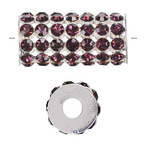 Bead 1pkg1 silver-finished, 32x15mm cylinder / 4mm chatons, brass / purple rhinestone