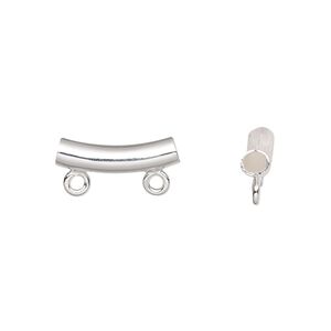 Bead 1pkg10 silver-plated, 14x4mm curved tube / 2 closed loop, brass