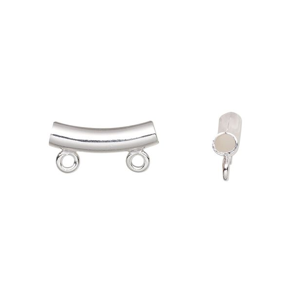 Bead 1pkg10 silver-plated, 14x4mm curved tube / 2 closed loop, brass image number 0
