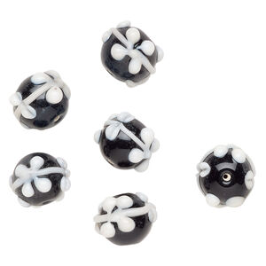 Bead, lampworked glass 1pkg6, opaque black / white, 17x14mm rondelle.