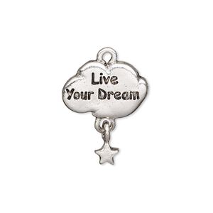 Charm 1pk1 pewter (tin-based alloy), 23x18mm single-sided cloud / "Live Your Dream" / dangling star, antique silver plate