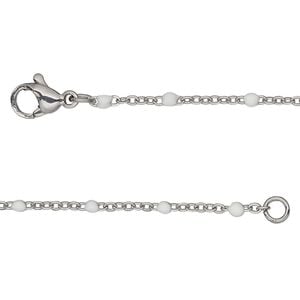 Chain 1pkg1 cable, 1.7mm flat / 2mm ball / lobster claw clasp, stainless steel / white enamel 18 inch