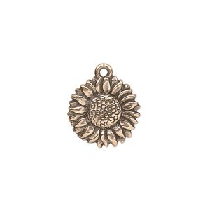 Charm, TierraCast&reg;, antique copper-plated pewter (tin-based alloy), 15mm double-sided sunflower. Sold per pkg of 20.