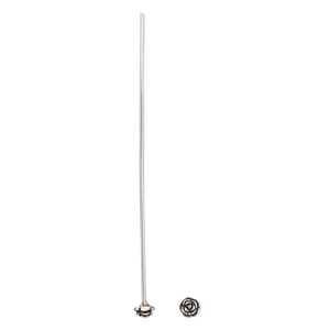 Head pin 1pkg2 sterling silver, 2.25 inch / 4mm flower, 20 gauge antiqued