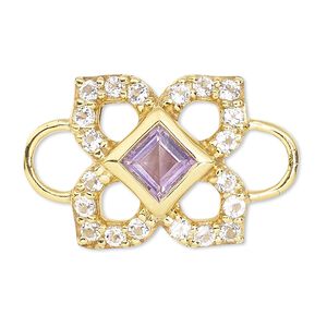 Link, white topaz / amethyst (natural) / gold-finished sterling silver, 12x12mm single-sided open flower. Sold individually.