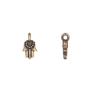 Charm, TierraCast&reg;, "Worlds Away" collection, antique brass-plated pewter (tin-based alloy), 9x7mm double-sided mini Hamsa. Sold per pkg of 4.